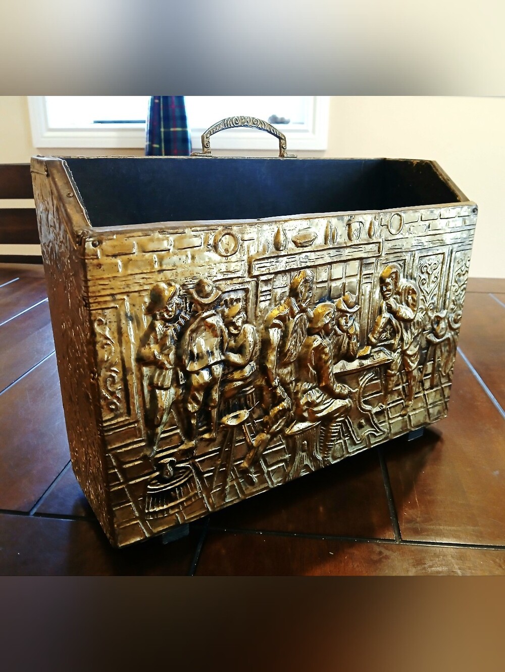 Vintage MCM Embossed Brass and Wood Decorative Magazine Rack